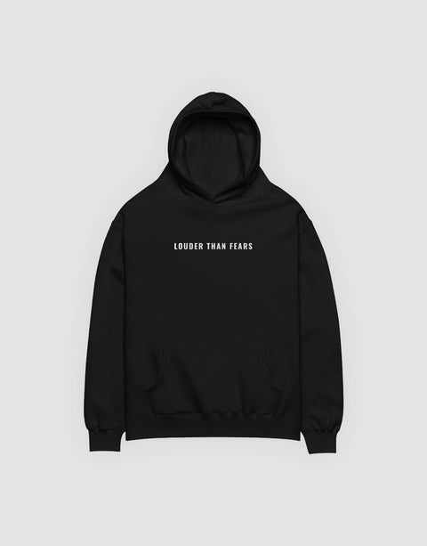 Unisex RWRK Hoodie Louder than Fears Black - Front View