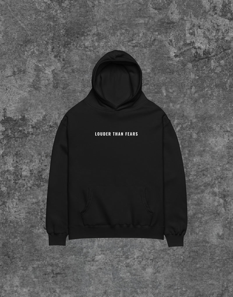 Unisex RWRK Hoodie Louder than Fears Black - Front View