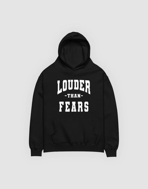 Unisex RWRK Hoodie Louder than Fears College Black - Front View