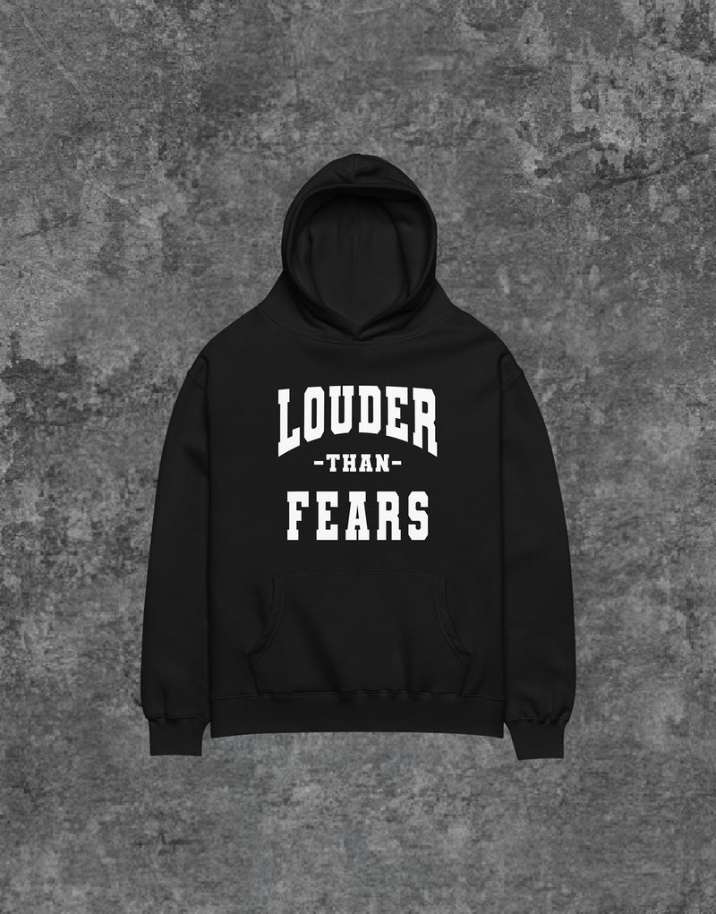 Unisex RWRK Hoodie Louder than Fears College Black - Front View