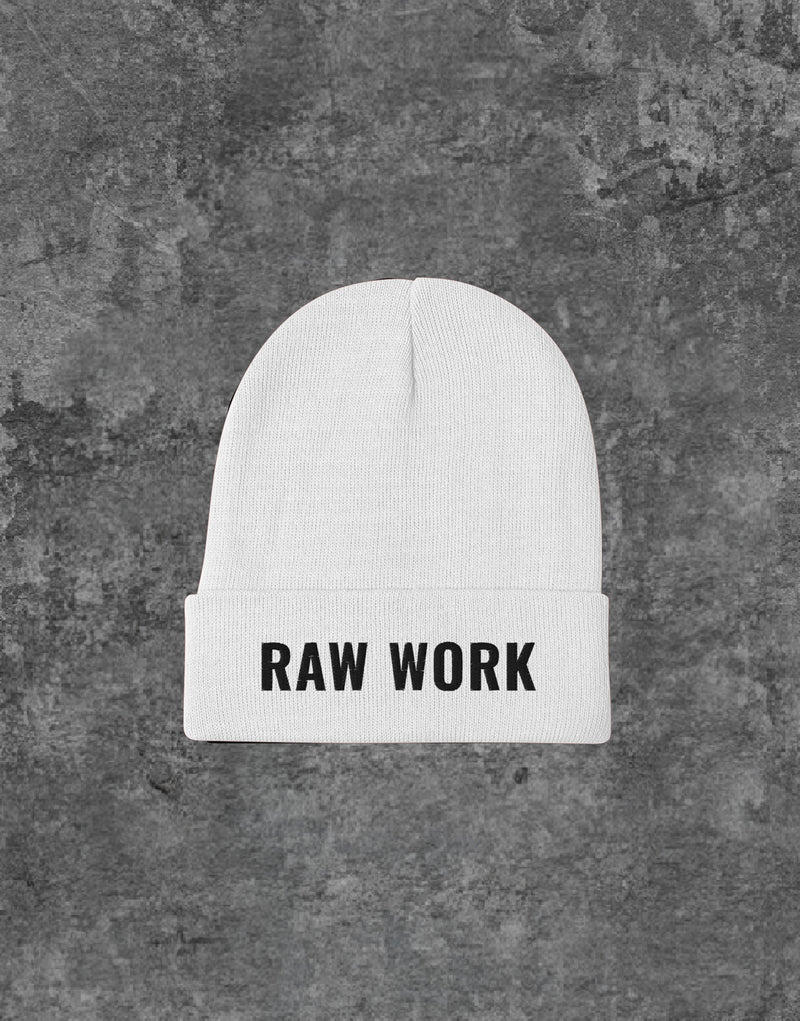 Unisex Raw Work Logo Embroidery Beanie White